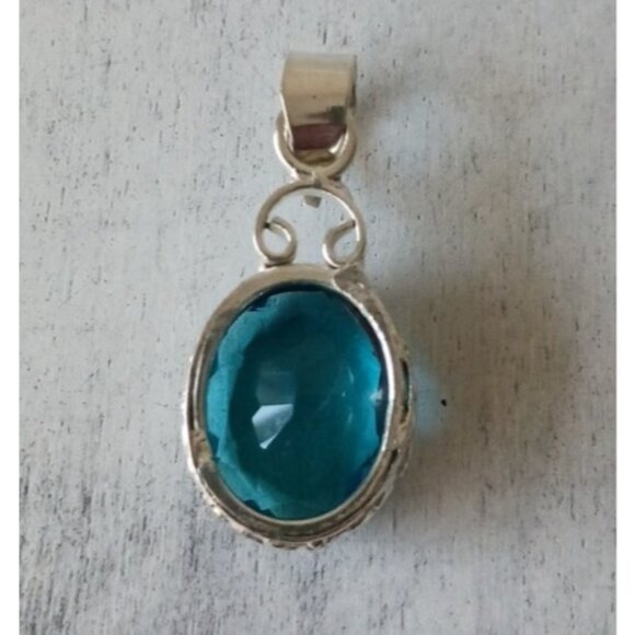 Sterling Silver Pendant Faceted Fx Blue Topaz Quartz Glass - Picture 8 of 13